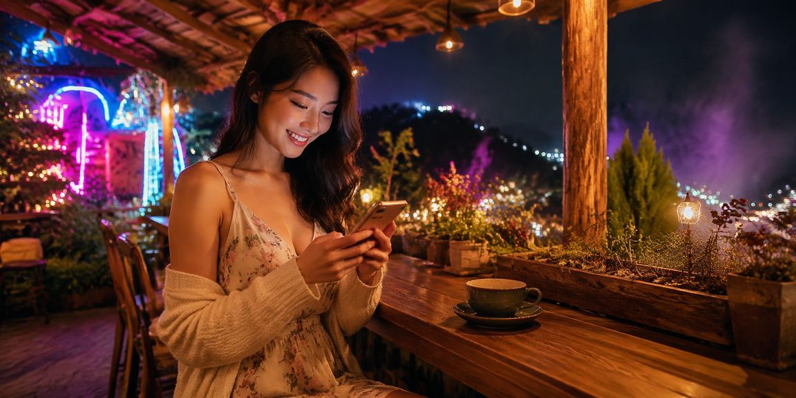 Người chơi kiểm tra kết quả xổ số và game online tại quán cà phê Đà Lạt buổi sáng